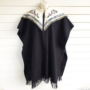 Black Wool Poncho with zip front with floral embroidery on top